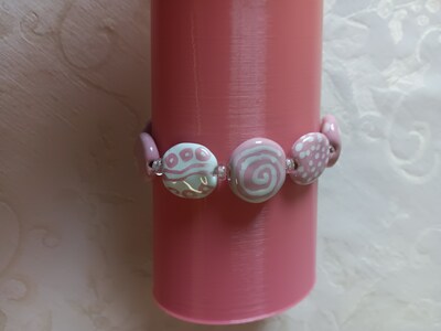 Kazuri Stretch Ceramic Beaded Bracelet, Pink and White Kazuri Beads with Crystal Clear Spacers - image2